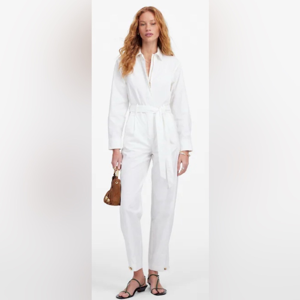 Madewell White Long-Sleeve Belted Jumpsuit
